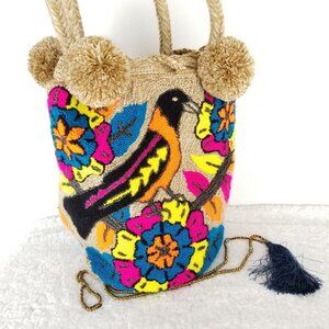 Handwoven Boho‎ Bird & Floral Design Tote Bag With Tassels & Pom-Poms《321》P